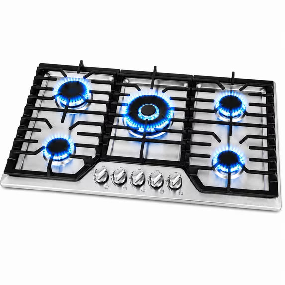 Ounin 36-Inch Gas Cooktop, Built-In Stainless Steel Gas Stove Top with 5 Italy SABAF Burners, 48300 BTU Dual Fuel NG/LPG Convertible Gas Cooktop, 120V