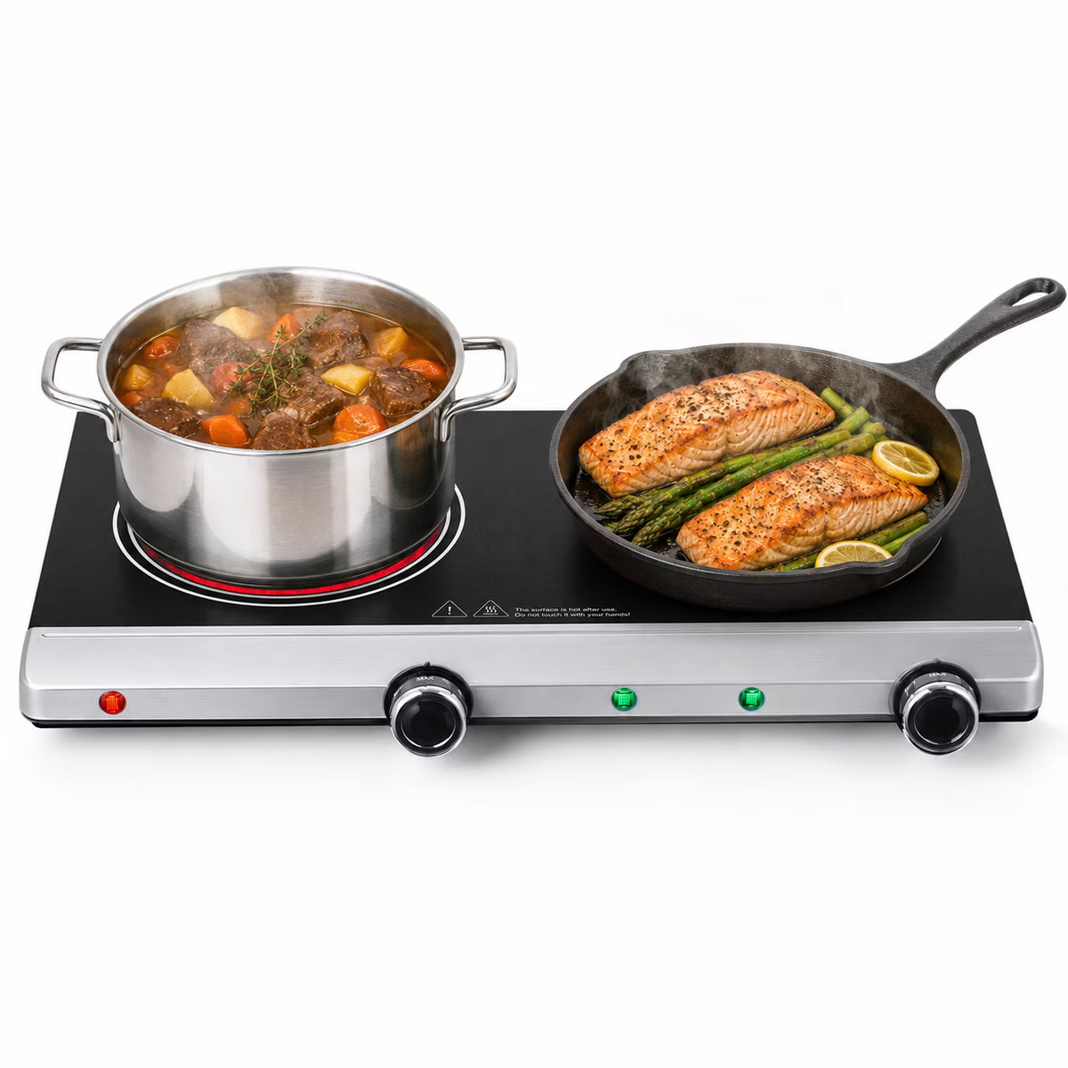Ounin Portable Double Burner, 1800W Electric Cooktop with 2 Burners, Works with All Cookware, Dual Burner Electric Stove Ideal for Dorms, RVs, Silver